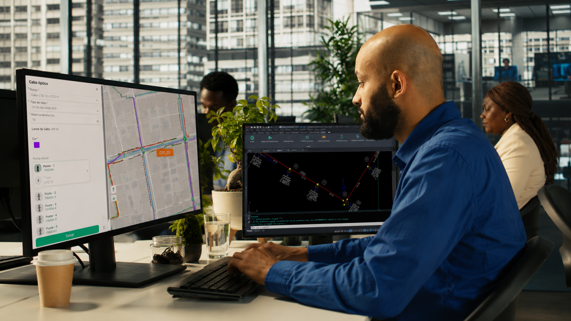Projeto executivo FTTH desenvolvido na Central Cadex com diagrama de fusão de fibra óptica