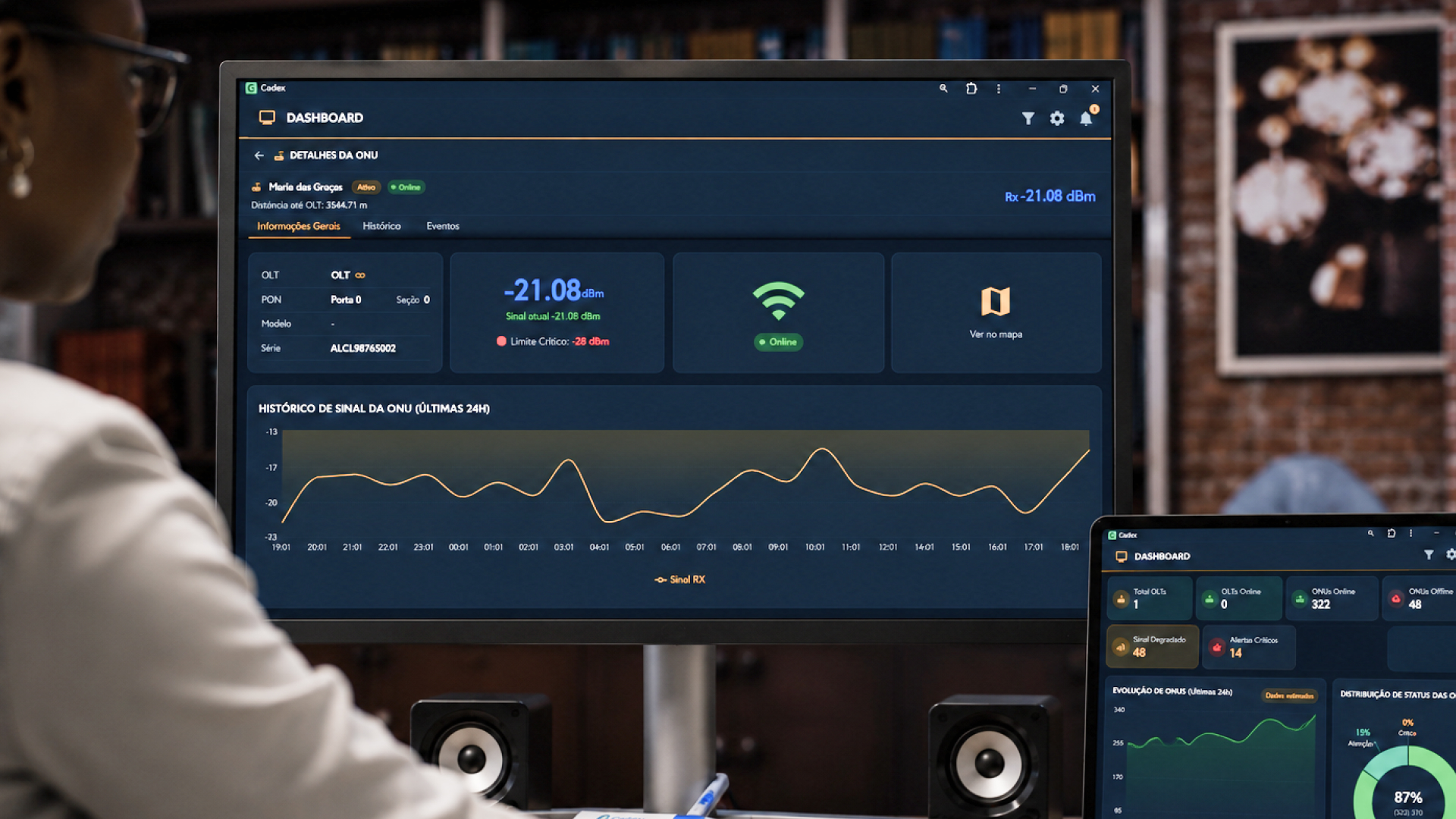 Dashboard de monitoramento em tempo real da plataforma Cadex com alertas via Telegram para provedores ISP