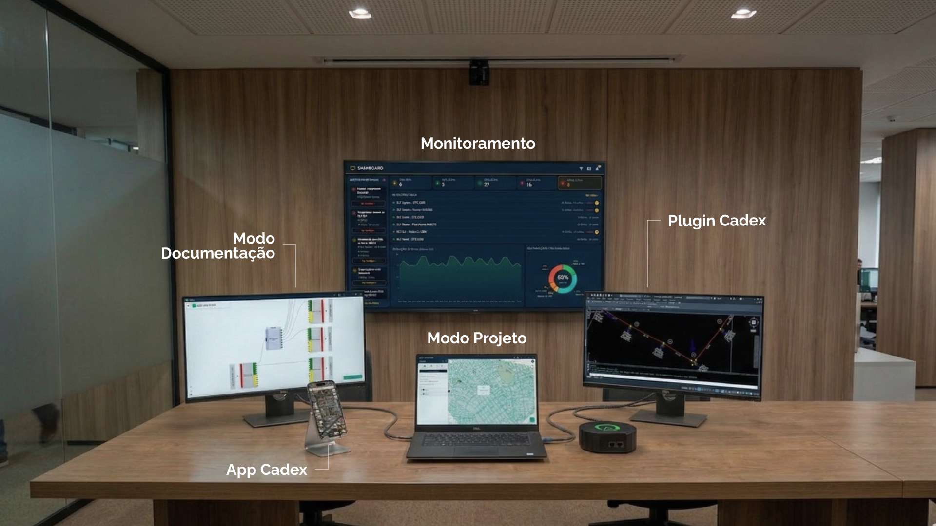 Módulos da plataforma Cadex integrados: projeto, documentação, monitoramento e campo